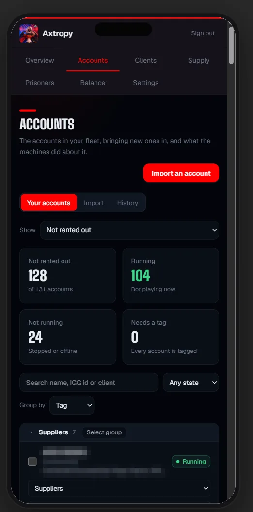 Apex portal Accounts on a phone: running and stopped counts, accounts grouped by tag