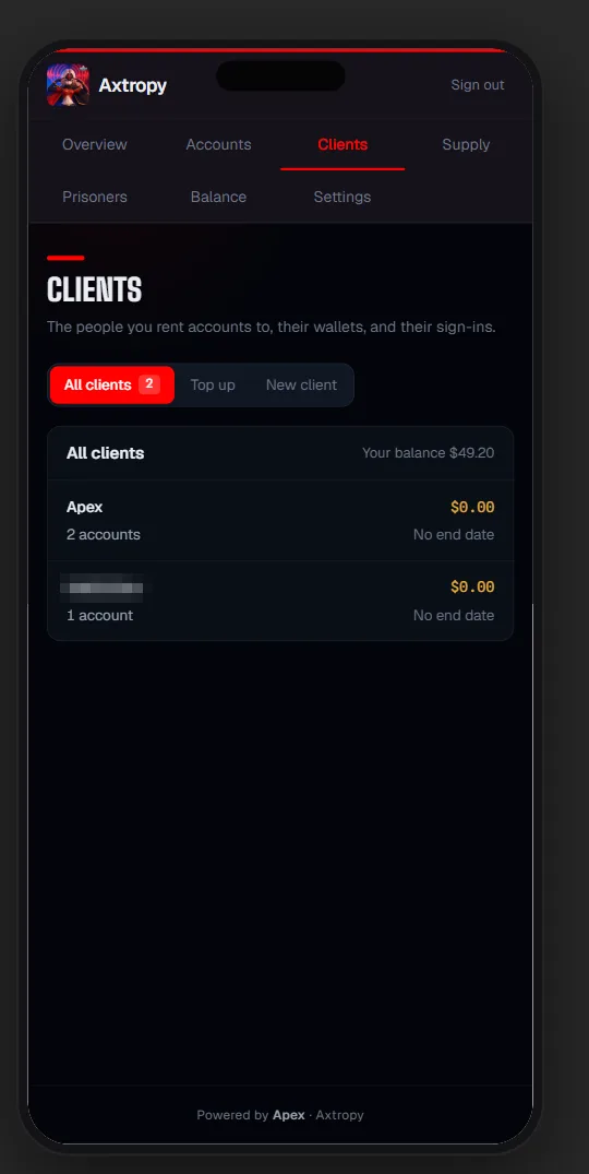 Apex portal Clients on a phone: the people you rent accounts to and their wallets
