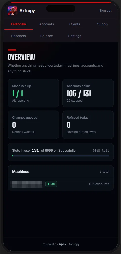 Apex portal Overview on a phone: machines up, accounts online, slots in use