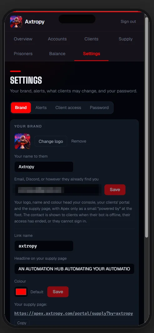 Apex portal Branding on a phone: your brand name, logo, colour and supply page