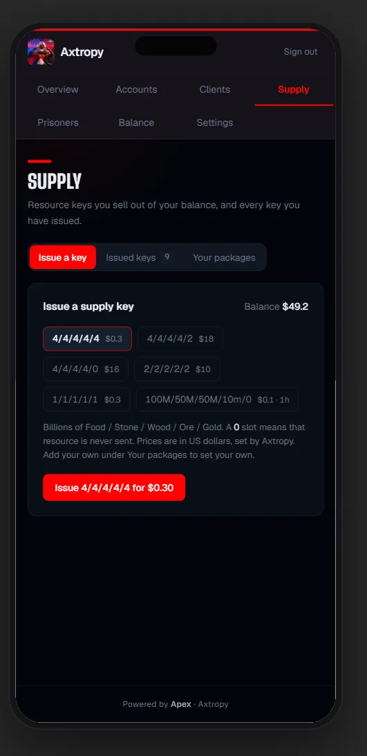 Apex portal Supply on a phone: issue a resource key from your balance